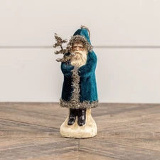 Belsnickle Deep Ocean Blue Velvet Santa Claus Ornament Christmas Figure 5.75"