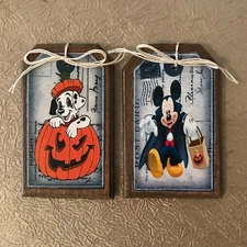 5 Handcrafted Wooden MICKEY MOUSE Halloween Ornaments / Halloween Hang Tags SETb