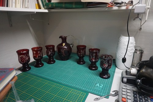 Alfred Taube Vohenstrauß Kristall Krug rot mit Gläsern Hirsch Jagd - Bild 1 von 9