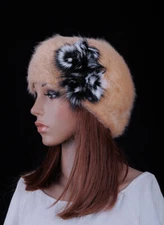 M398 Beige Women's Cute Fur Flower Soft Faux Rabbit Fur Winter Hat Beanie Cap 