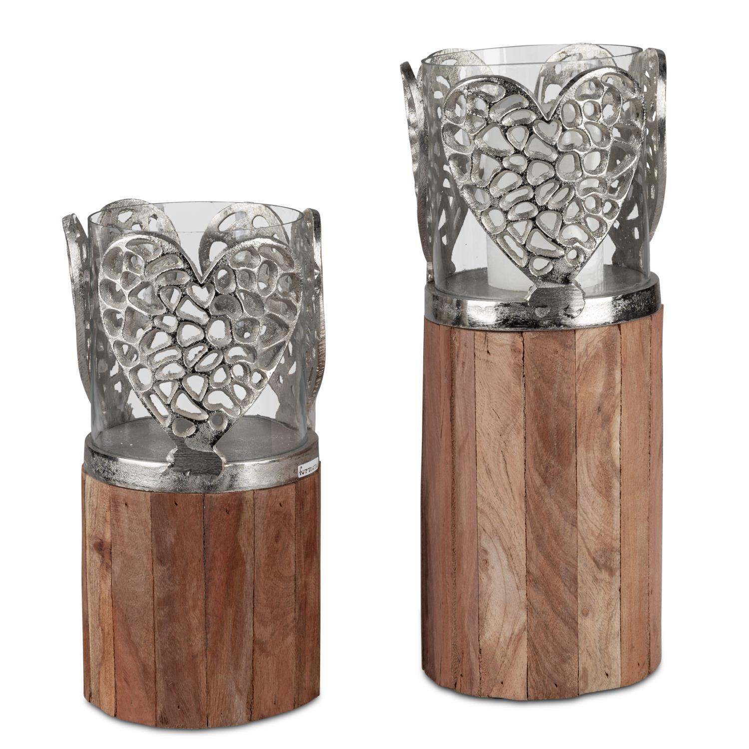 2er Set Windlichter Wili HERZEN rund H. 29 + 36cm Holz + Alu Formano