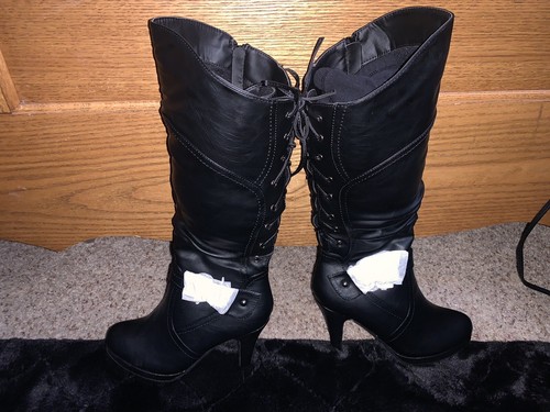 TOP Moda Womens Black Knee High Round Toe Lace-Up Slouched High Heel Boots 6.5 - Picture 8 of 9