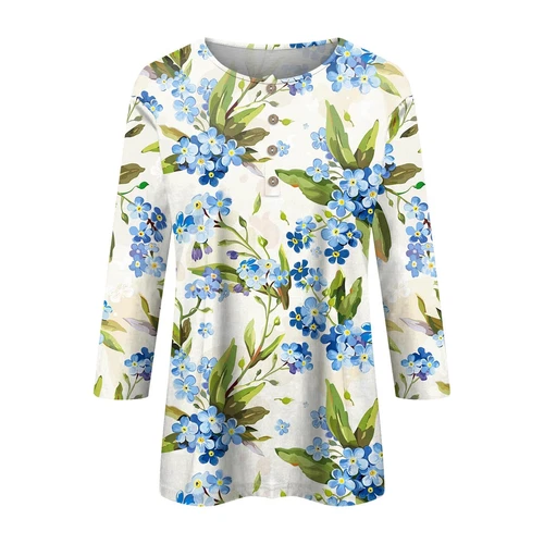3/4 Length Sleeve Womens Tops Casual Loose Fit V-neck Shirts Floral Tunic Tops - Picture 8 of 51