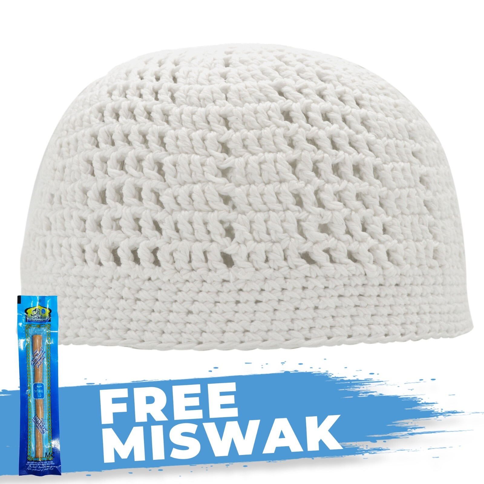 MM Kufi Hat - 100% Cotton Crochet Knitted Cap Beanie In White, One Size Fits All - View #3