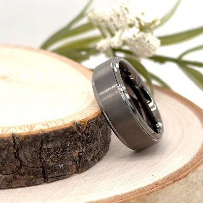 Christmas Gifts Band For Men 8MM Gray Tungsten Polished Edges Engraving Ring