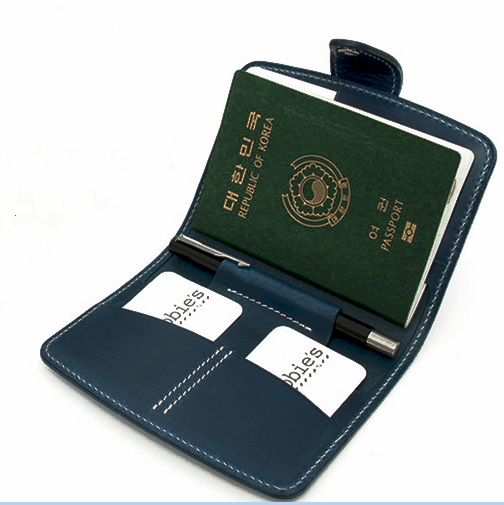 Cow Leather Passport Holder Wallet Bifold Card Pouch Ticket Bag Blue H582-image