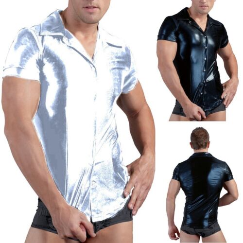 Mens Sexy  Leather Shiny Short Sleeve T-shirt Top Party Nightclub Costume - Afbeelding 1 van 13