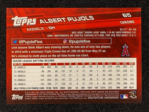 2017 Topps Chrome Albert Pujols Negative Refractor #65 !!! CARDINALS - Picture 2 of 2