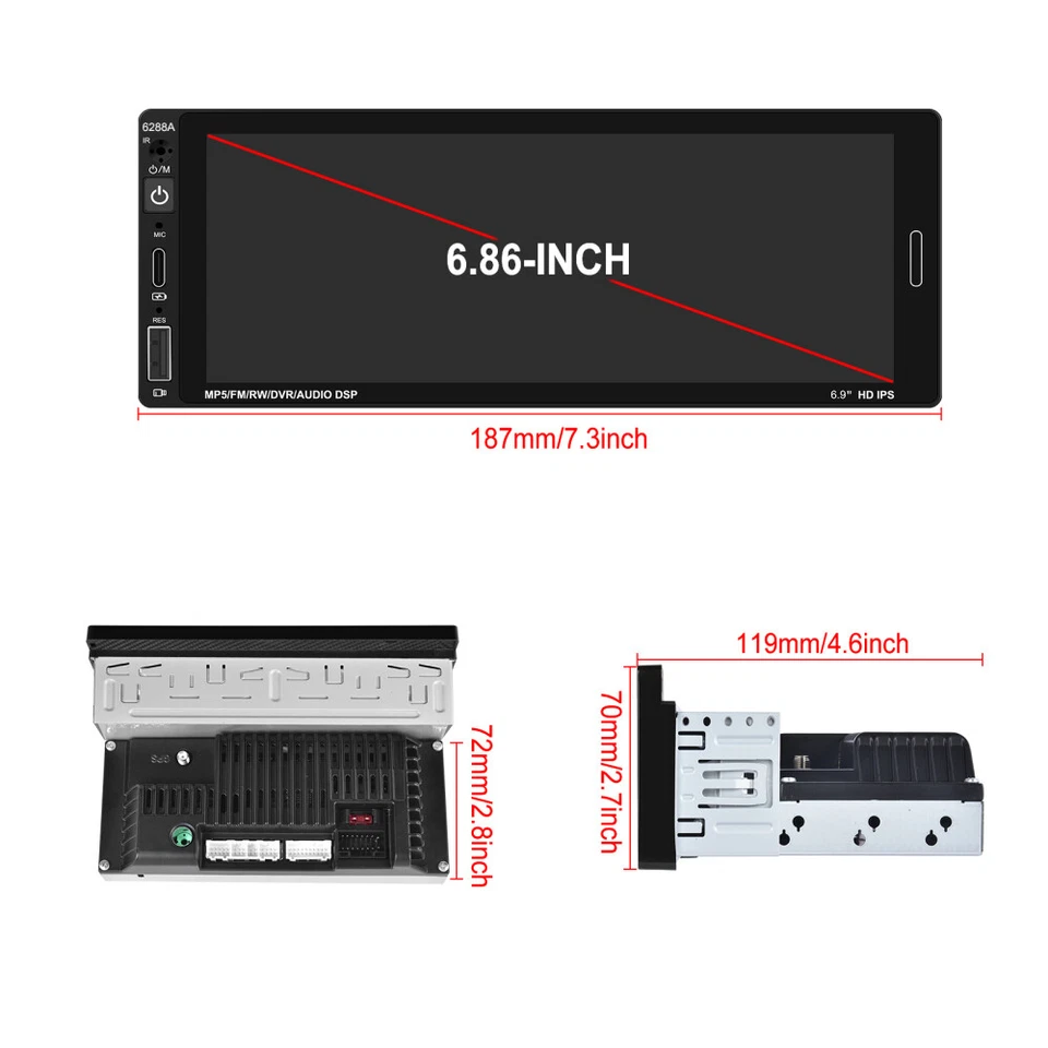 6.86" 1 Din Carplay Autoradio 2G+64G Android 13 GPS Navi WiFi FM RDS BT +Kamera - Bild 2 von 4