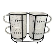 Nicole Miller New York Mug Cup Set Stacking with Wire Rack White Speckled 4 Mugs