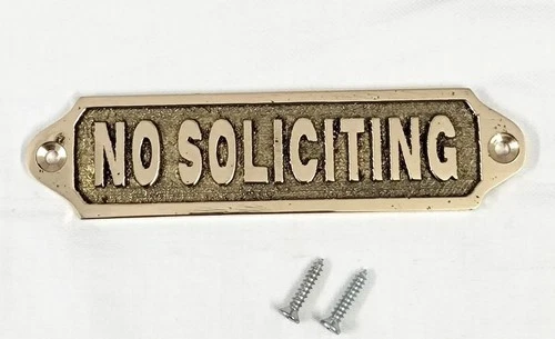 Solid Brass No Soliciting Sign Plaque – Door Wall Plate | 13cm – Screw Mount
