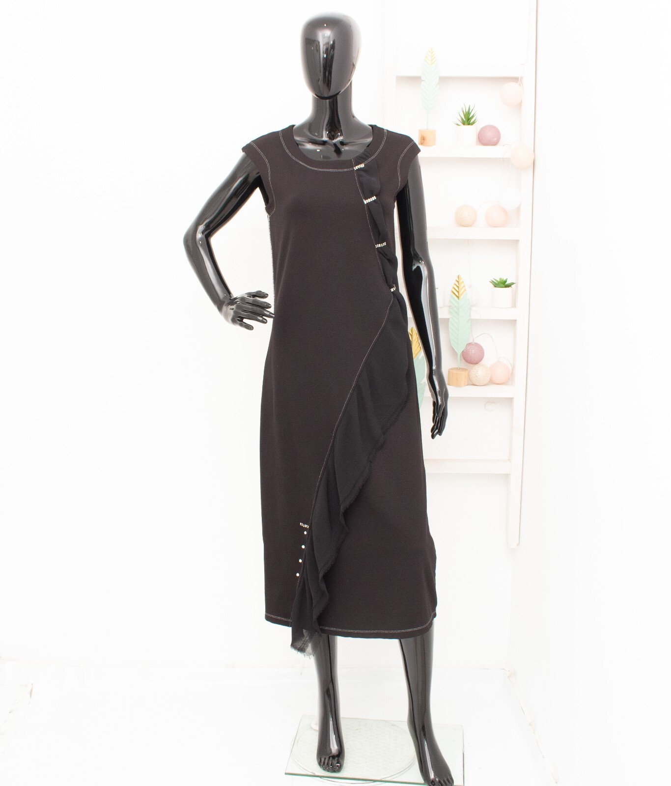 ELISA CAVALETTI Vestido Midi Negro Joya Adornado Asimétrico Volantes S