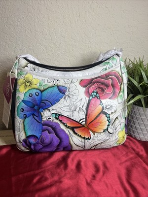 NWT Anuschka Hand Painted Leather Tote Butterfly Floral Paradise Crossbody