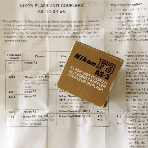 Nikon AS-3 Flash Unit Hot Shoe Coupler for F3 to Speed light SB-7 +Manuals