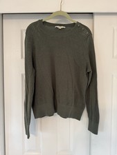 LOFT Womens Olive Green Textured Knit Crewneck Light Cotton Blend Button Sweater