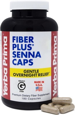 Yerba Prima Fiber Plus Senna Capsules, 180 Count - Gentle Overnight Relief, USA