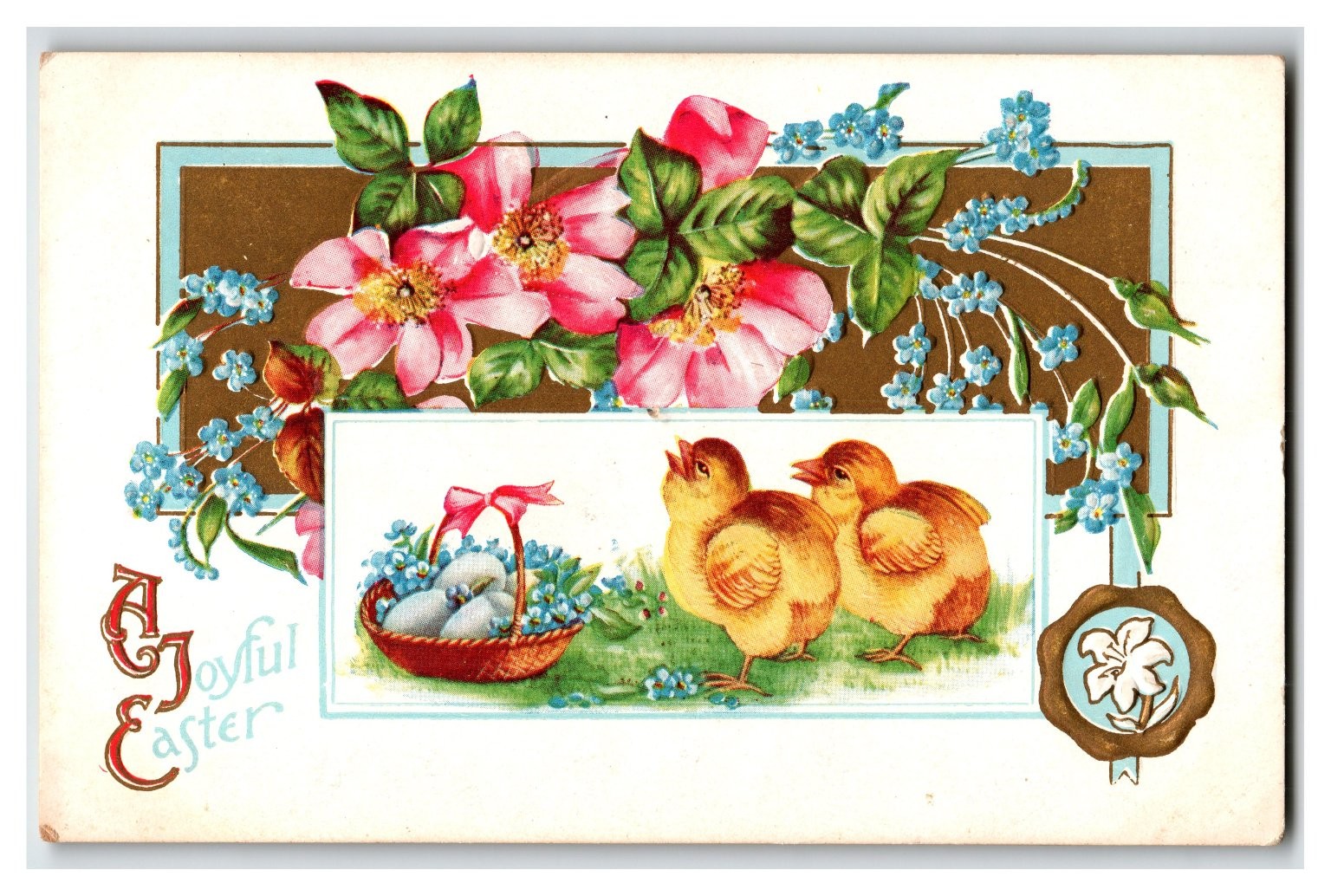 Vintage 1914 Embossed Easter Postcard Chicks Forget-Me-Nots Pink Flowers
