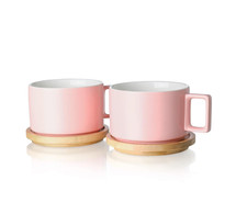 2x Candiicap Porcelain Demitasse Cappuccino Cup with Wooden Saucer 10.5oz (PINK)