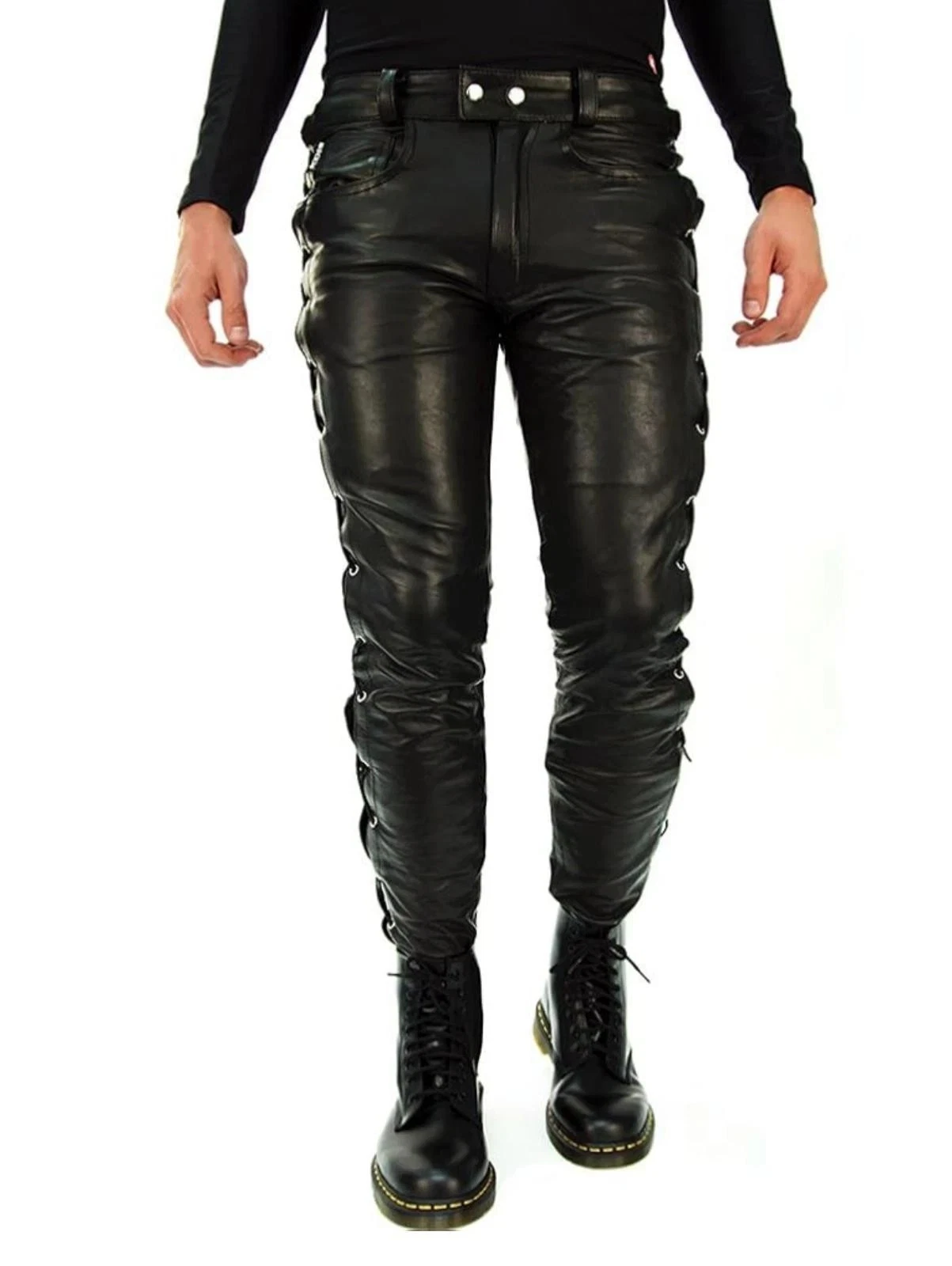 Men's Real Lambskin Soft leather Black Biker Pant And Side Laces Up Sexy