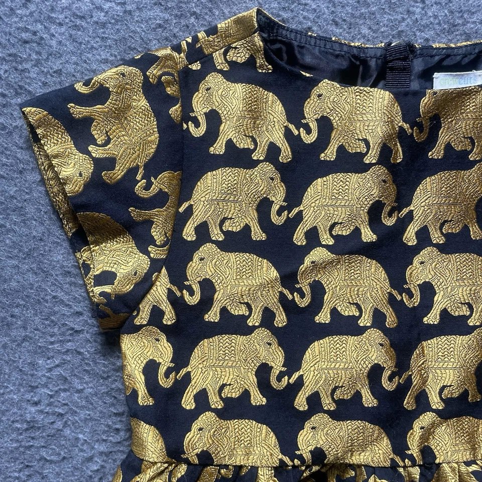 CREWCUTS Girls Tribal Elephants Summer Dress Black Gold Print Size 4 Back Zip - Image 3 of 4