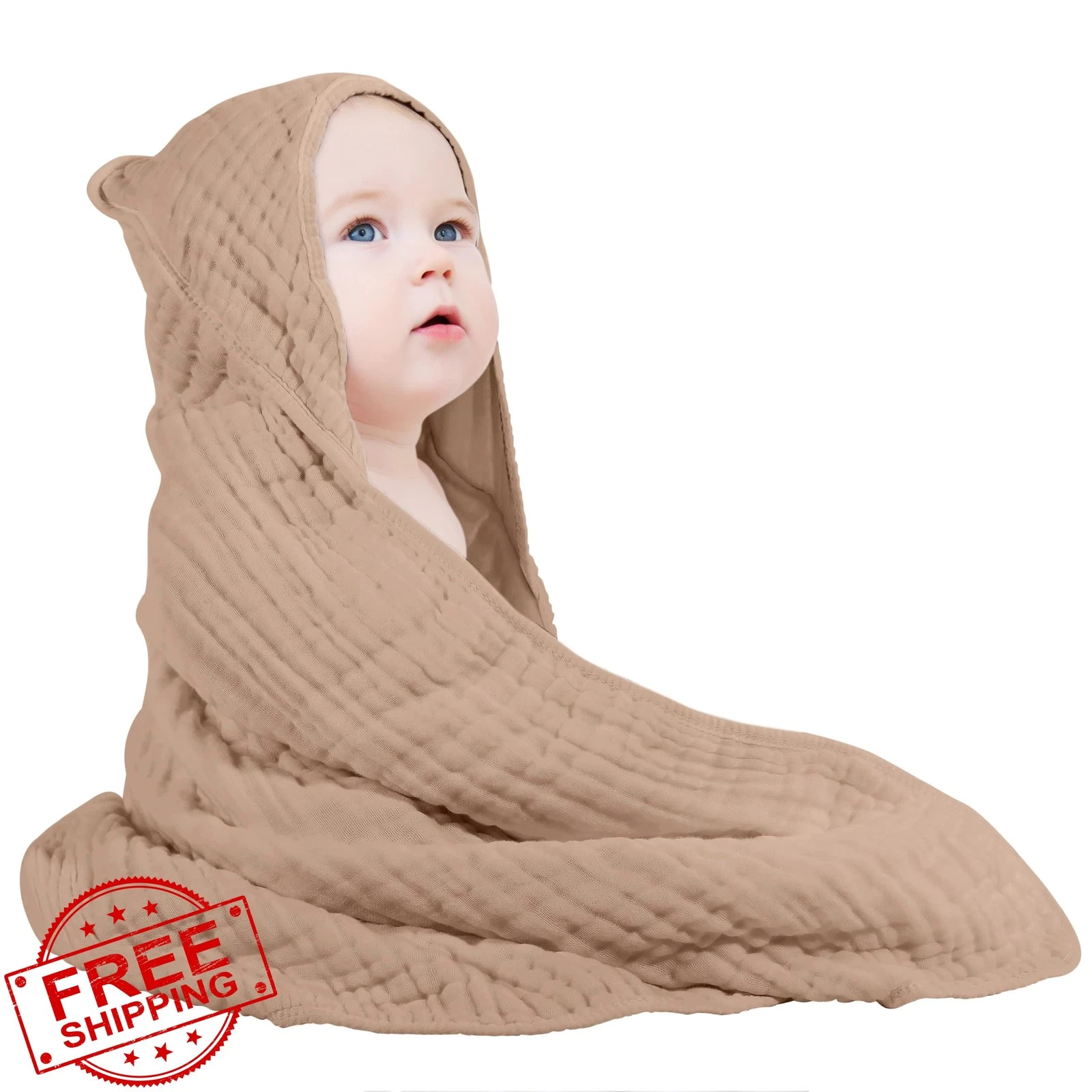Yoofoss Hooded Baby Towel Muslin Cotton Coffee 32x32 1 Pack