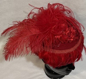 Vintage Elsie Massey Red Wide Brim Straw Derby Church Hat Tulle Lace Feather Handmade Victorian Old West Hat, Elsie Massey, Floral Lace  main image 2