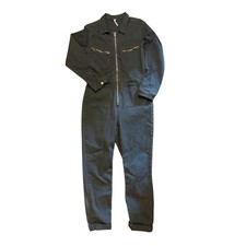 Free People Black Denim Utility Jumpsuit Size L Long Sleeve Zip Front Pockets
