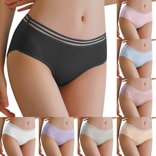 Women's Girls Underwear Solid Mid Waist Comfortable Cotton Ribbed Panties Briefs