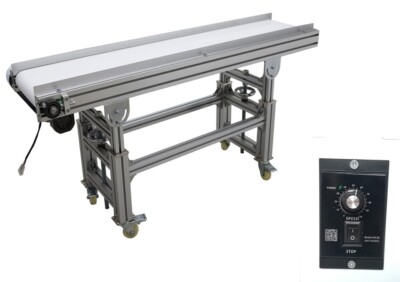 110V 59''Lx11.8''W PVC Belt Conveyor Machine Double Baffle Height Adjustable