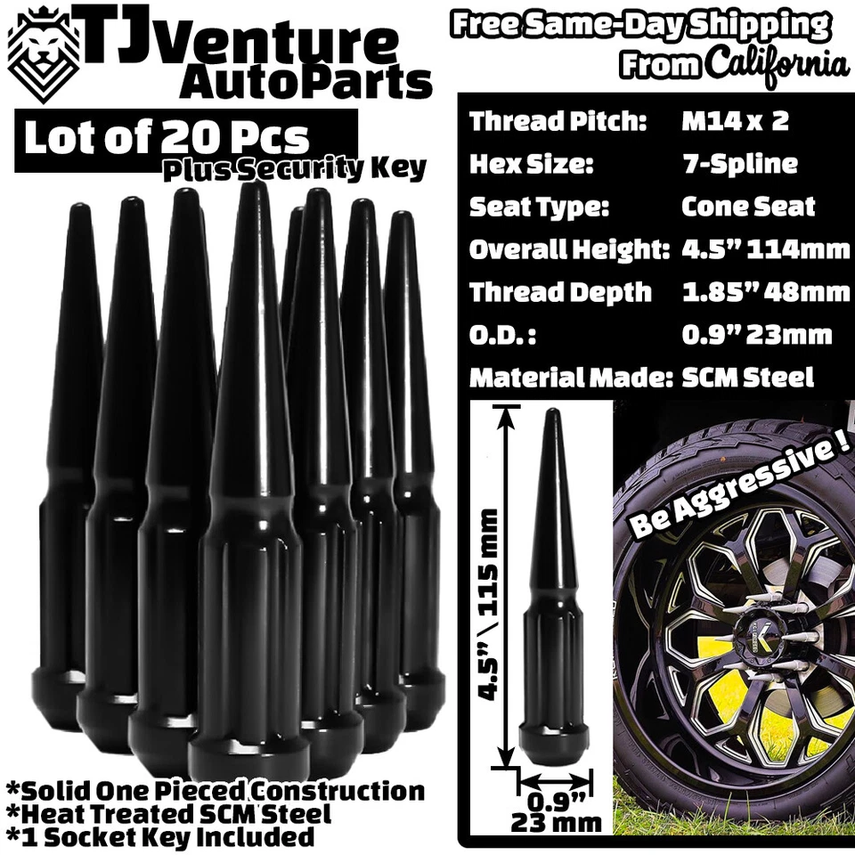 20x Negro 4.5" Spline 14x2 Tuerca de espiga + Ajuste de llave F150 Expedition Navigator y más Foto 2 de 3