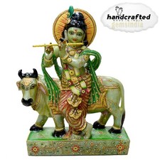 25.8 Kilo Natural Aventurine Carved Hindu Diety Krishna Cow Statue Home Decor 