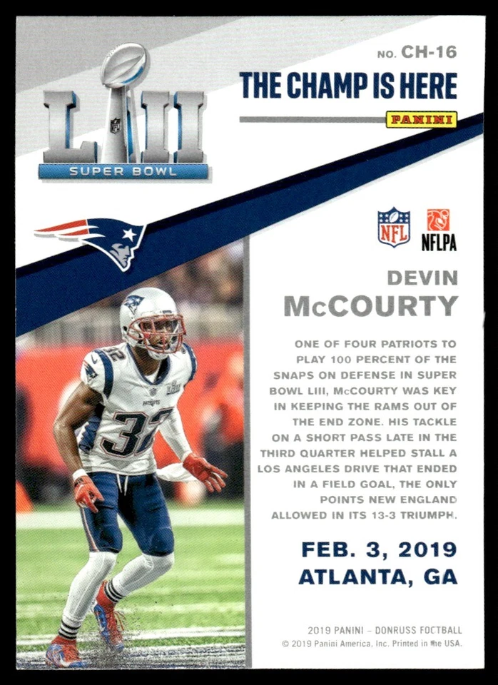 2019 Donruss The Champ is Here Devin McCourty New England Patriots #CH-16 - Image 2 of 2