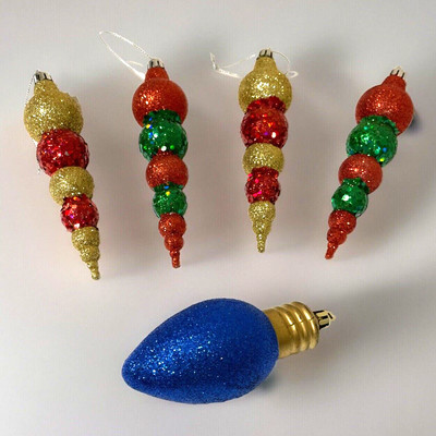 Vintage Unbreakable 4 Finial Christmas Ornaments & 1 Light Bulb Flocked Glitter