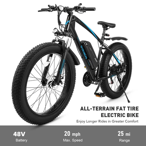 VIRIBUS 26" Electric Mountain Bike Fat Tire  Bike E Bicycle 48v 21 Speed