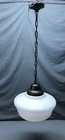 Antique Metal 16" Milk Glass Globe Schoolhouse Light Fixture VTG Old 1234-24B