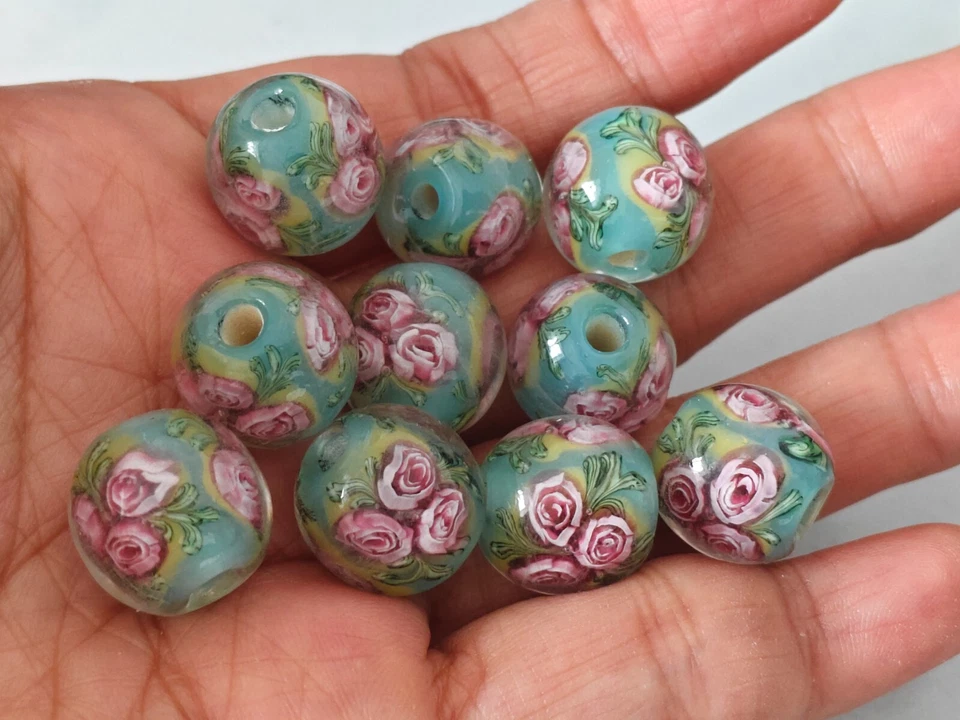 10 cuentas de vidrio de murano hechas a mano flor redonda azul rosa 14 mm Foto 3 de 4