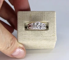 1 & 1/2 Ct Tw Diamond 3- Stone Wedding Ring Set White Gold 14k 7.8 Grams