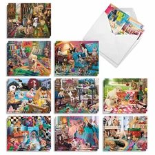 20 Blank Cards 4x5.12" w/ Envelopes (10 Designs, 2 Each) Paws Gone Wild-Dogs