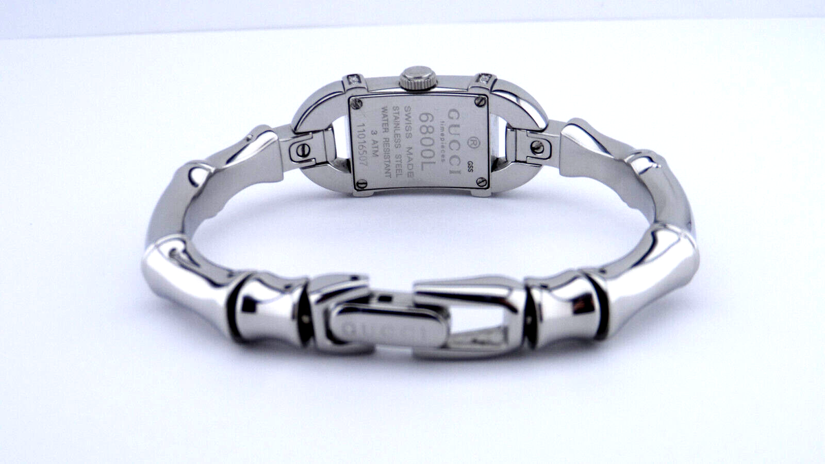 GUCCI 6800L Series Patterned Silver Tone Dial Diamond Bamboo Band