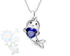 Cute Cartoon Narwhal Heart Shape Blue Crystal Pendant Necklace Exquisite Women