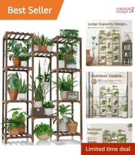 Wood Plant Stand Tall Flower Shelf for Indoor Outdoor Display 10 Pots Large D...