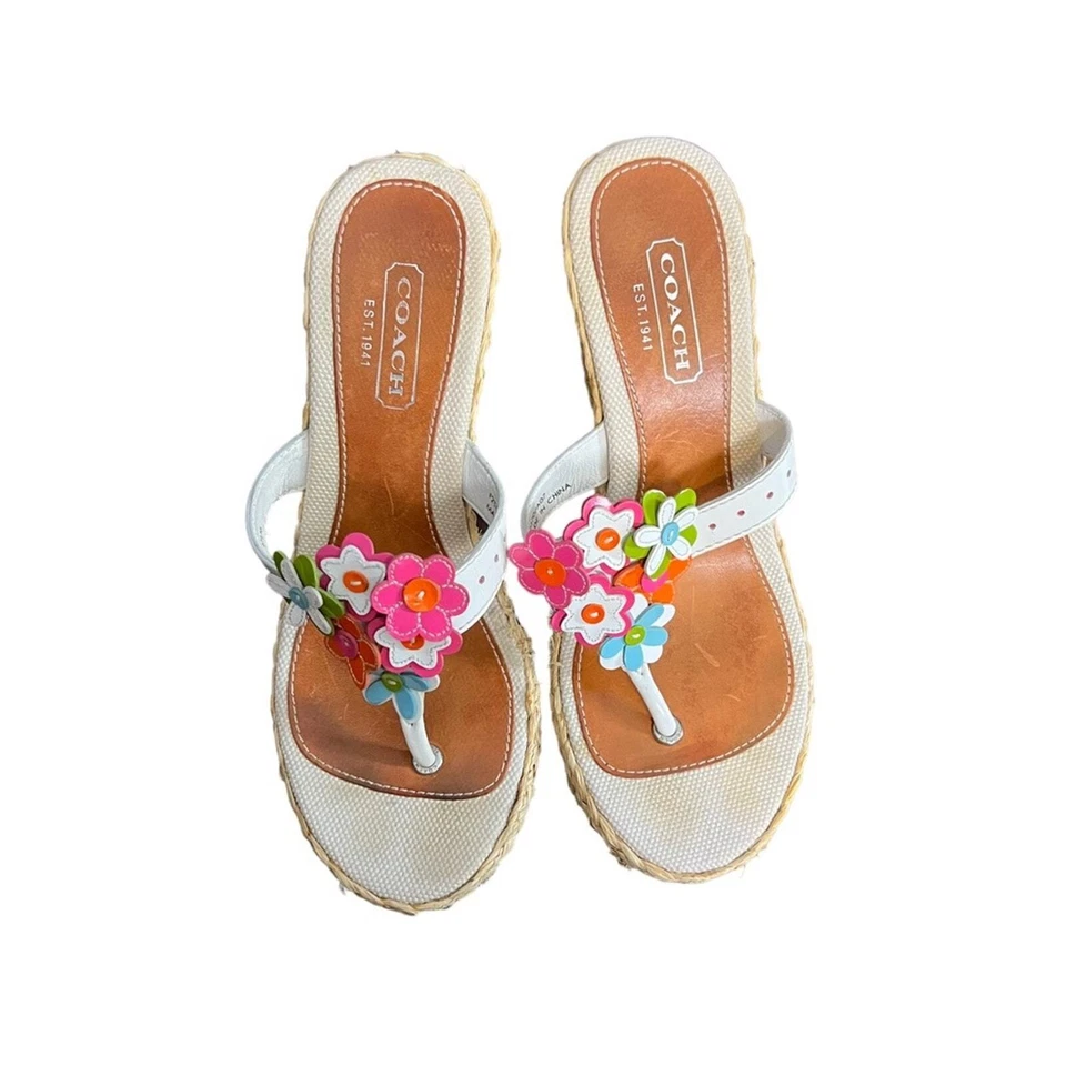 Coach Floral Cuero Aplique Jesica Tanga Plataforma Deslizable Alpargata Tacones de Cuña Foto 2 de 4