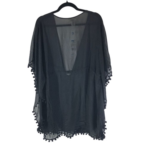Bleu Rod Beattie Gypset Chiffon Caftan Cover Up Sheer Pom Fringe Black L - Picture 3 of 4