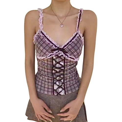 NWT Cami Top Sz.S Plaid Pink Gray Ruffles Babydoll Y2K Coquette