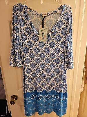 NEW Women's Hatley Lucy Dress In Aqua Compass Roses LARGE Short Sleeve NWT