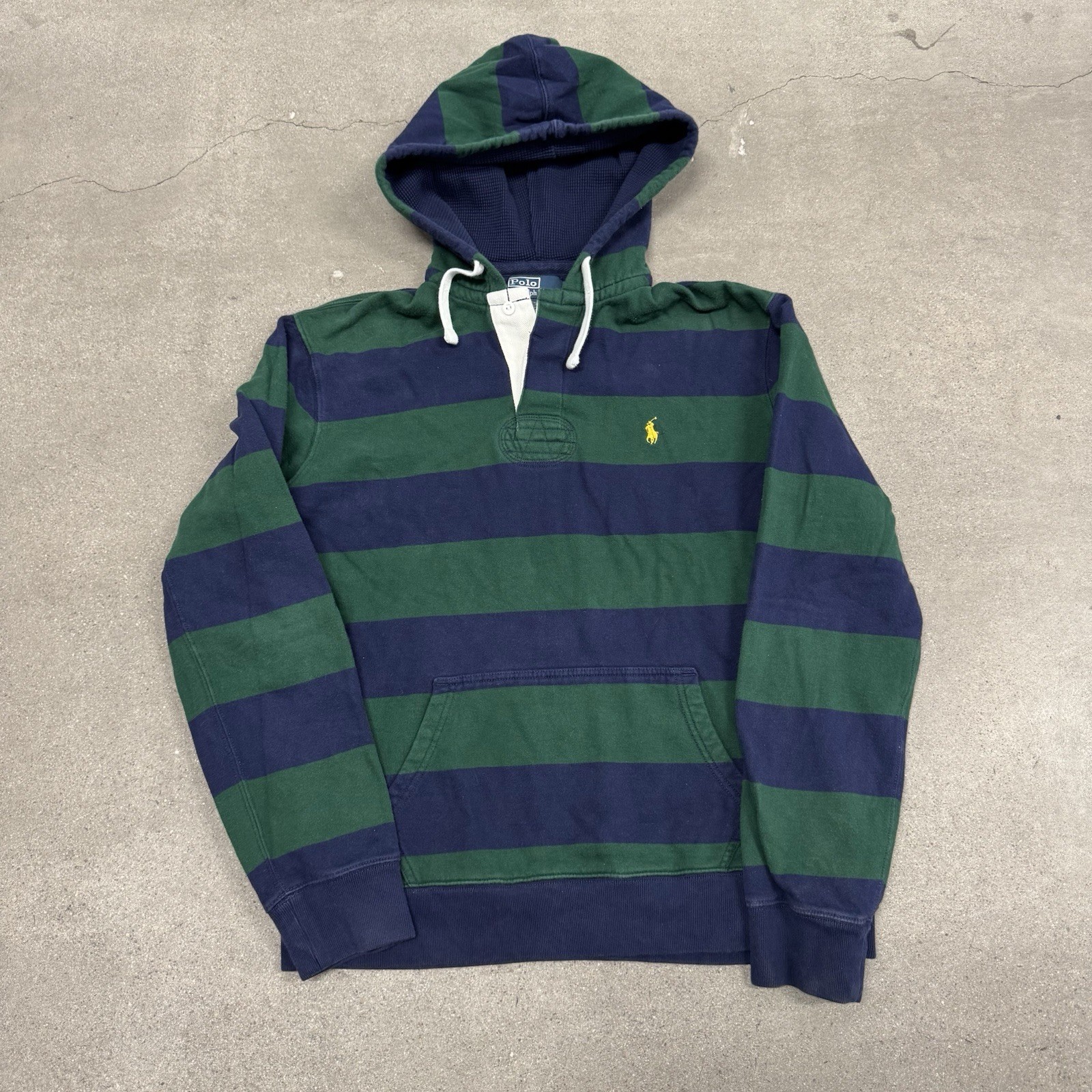 Felpa con cappuccio vintage Polo Ralph Lauren Rugby verde blu a righe pony uomo L