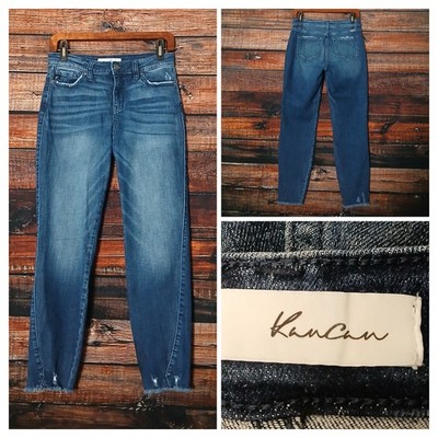 Kancan Jeans Size 27 7 Mom Crop Raw Hem Distressed Dark Wash Denim Stretch 