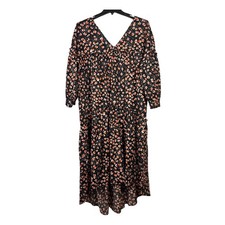 Who What Wear Black Orange Leopard Print V Neck Midi Dress Size L