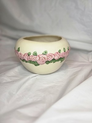 FTD Flowerpot, Planter, Vase Raised Pink Flowers Roses Egg-shell 1980s Vintage
