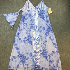 Cinema Etoile Satin Nightgown Set XL Blue Floral 50in NWT